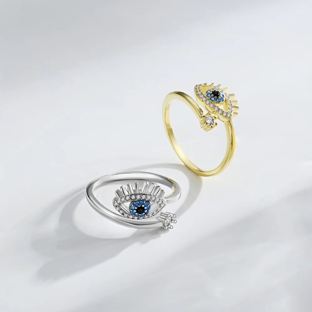 Popular Wholesale 925 Sterling Silver Fine Jewelry 18K Gold Plated Zircon Pave Blue Evil Eye Rings Adjustable