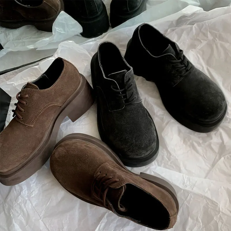 Xinzirain Custom Female Chunky Loafer Round Toe Cowhide Suede Lace Up Thick Sole Women High Heel Derby Dress Shoes