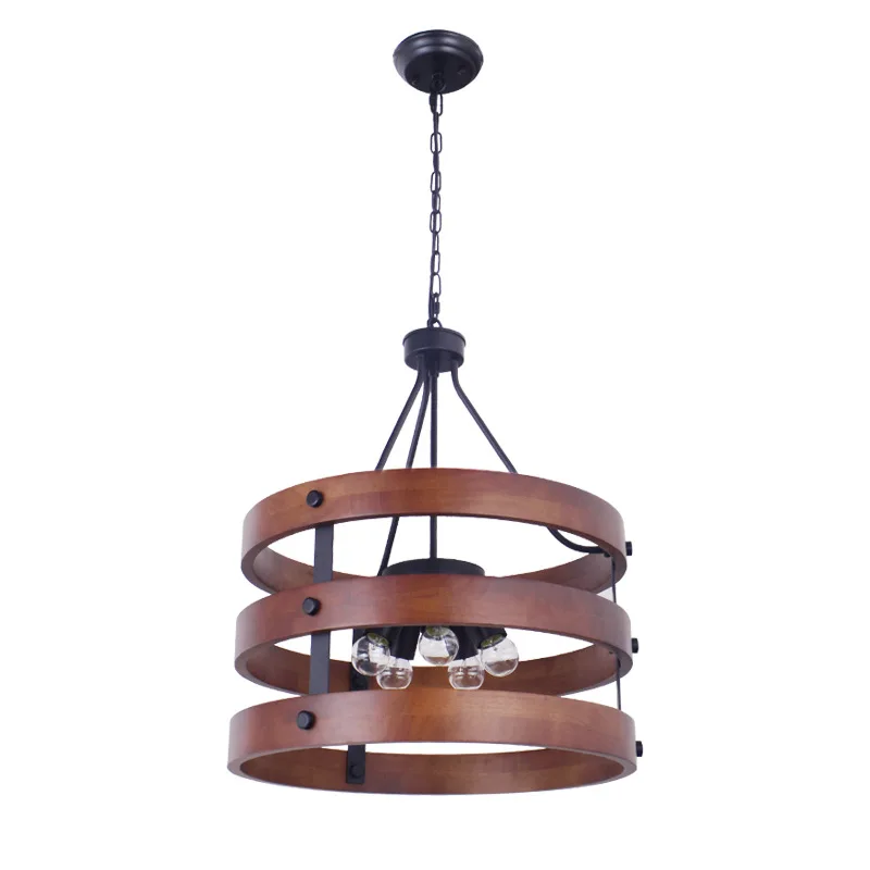 Nordic Industrial vintage iron wood Indoor retro loft Hanging pendant Light Metal Rustic round LED antique Wooden Chandelier