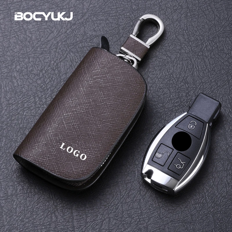 Leather Car Key Case Universal Keychain For BMW Mercedes Audi VW Land Rover JEEP Fiat MG Key Cover Protector Accessories