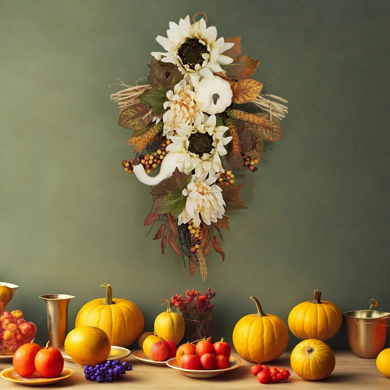 Fall Harvest Pumpkin wreath upside down Thanksgiving teardrop pendant Sunflower white pumpkin Maple Leaf decorative door decor