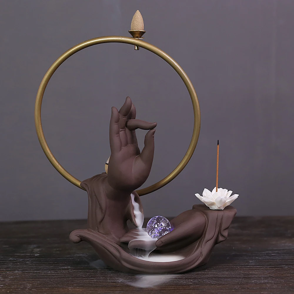 Ceramic Buddha Bergamot Backflow Incense Burner with LED Lamp Circle Sandalwood Holder Home Indoor Aroma Ornaments
