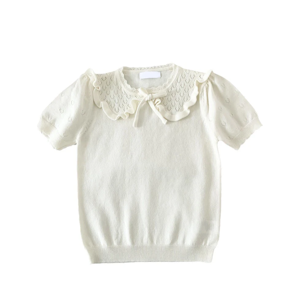 Ivy42277A Vintage Kid girls sweet frill collar knitted blouse toddler girl Summer 2024 hollow out bow T shirt tops