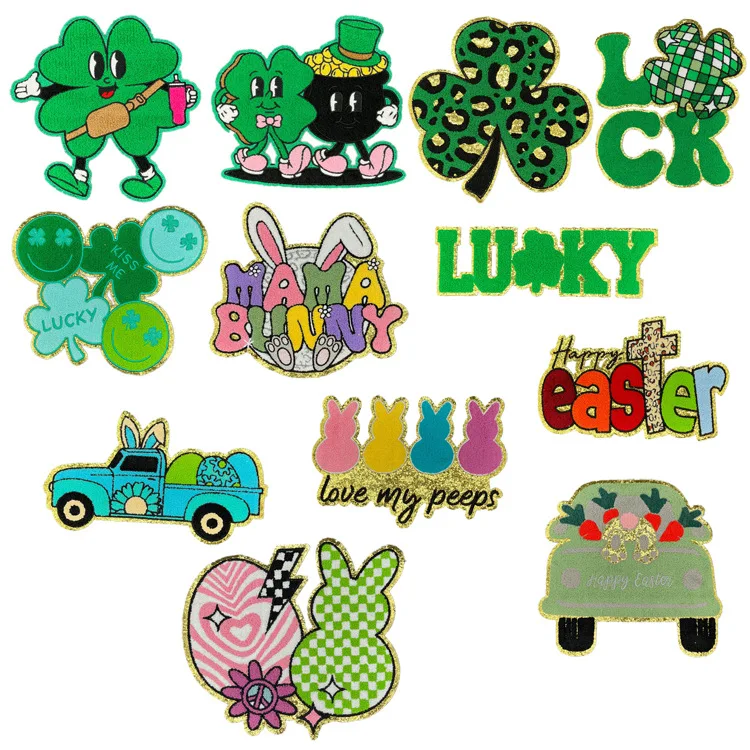 Low MOQ In Stock Easter Patches Green Cartoon Iron On Rabbit Glitter Letters Chenille patches For Clothing