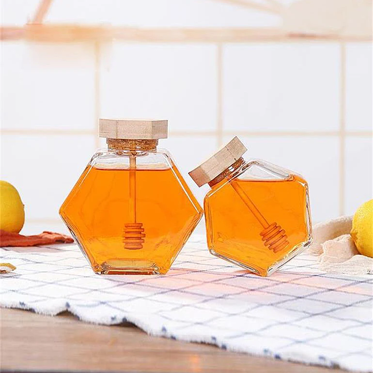 Jar Glass For Jars 220ml 380ml Hexagon Hexagonal Bottles Packaging Bear Luxury Unique Gift Dipper Lids Mini Honey Bottle