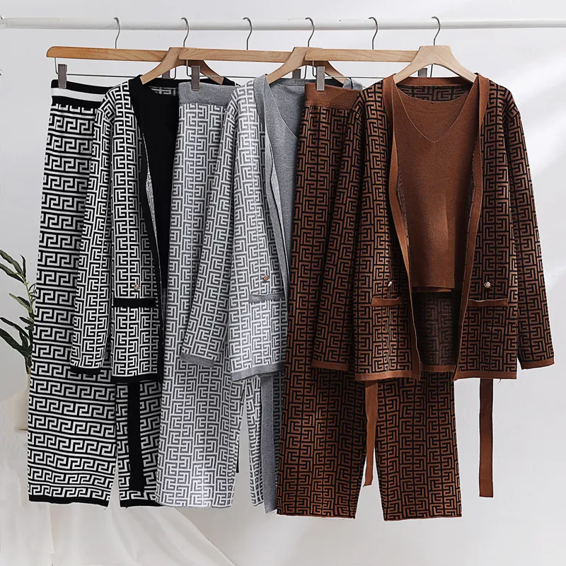 Spring Autumn Set Women Fashion Back Jacquard Coat Vest Knitted Pants Three Piece Suit Ladies 3 Pieces Knitting Set