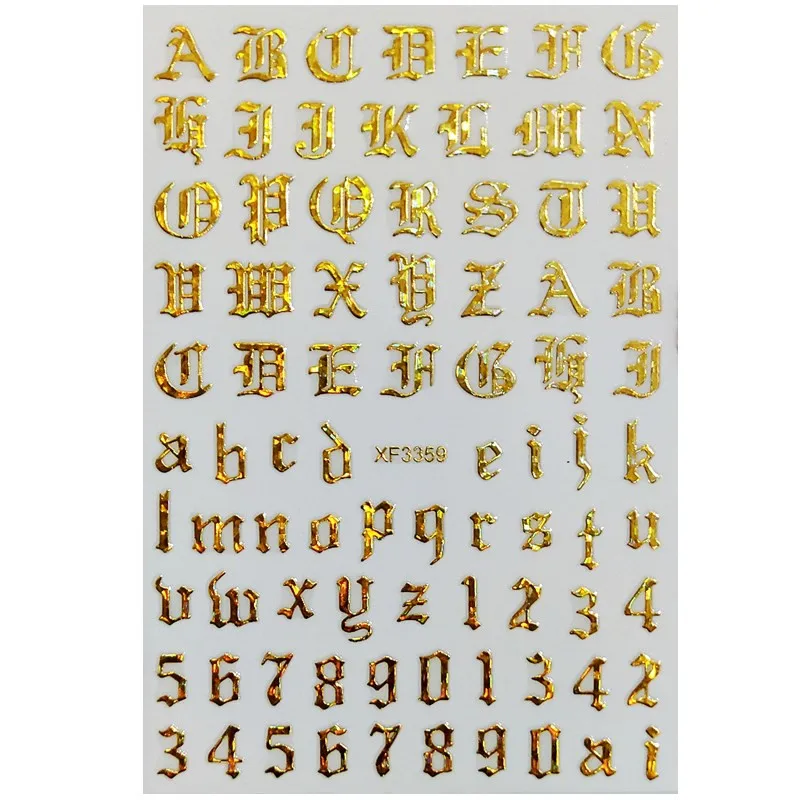 Funail 12 Color 3D Alphabet Nail Art Retro Letter Stickers Gothic Number Decals Nail Decorations