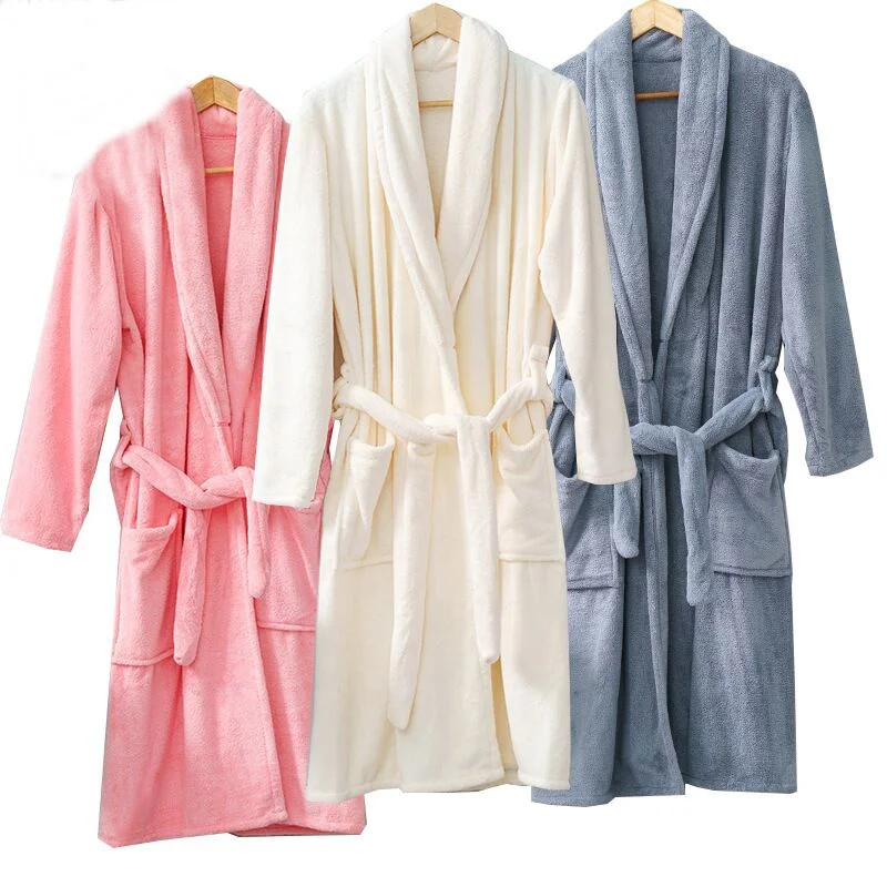 Luxury customized autumn/winter long robe soft absorbent adult five star hotels SPA coral fleece bathrobe for men and women