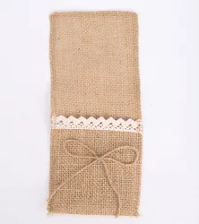 Retro Hessian Jute Burlap Lace Linen Cutlery Pouch Holder Bag for Wedding Party Table Decoration Supplies