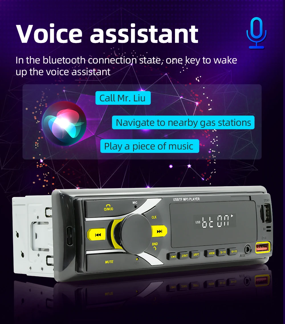 BQCC 1 din 12V Car Radio AUX-in BT FM Receiver AI Voice Autoradio APP Locate Variable Lights Car MP3 Music Playback  D3107