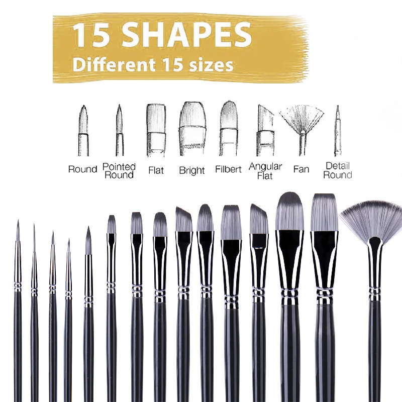 15pcs Nylon Hair Black Handle Artist Oil Painting Brushes Set for Acrylic Oil Watercolor  Painting