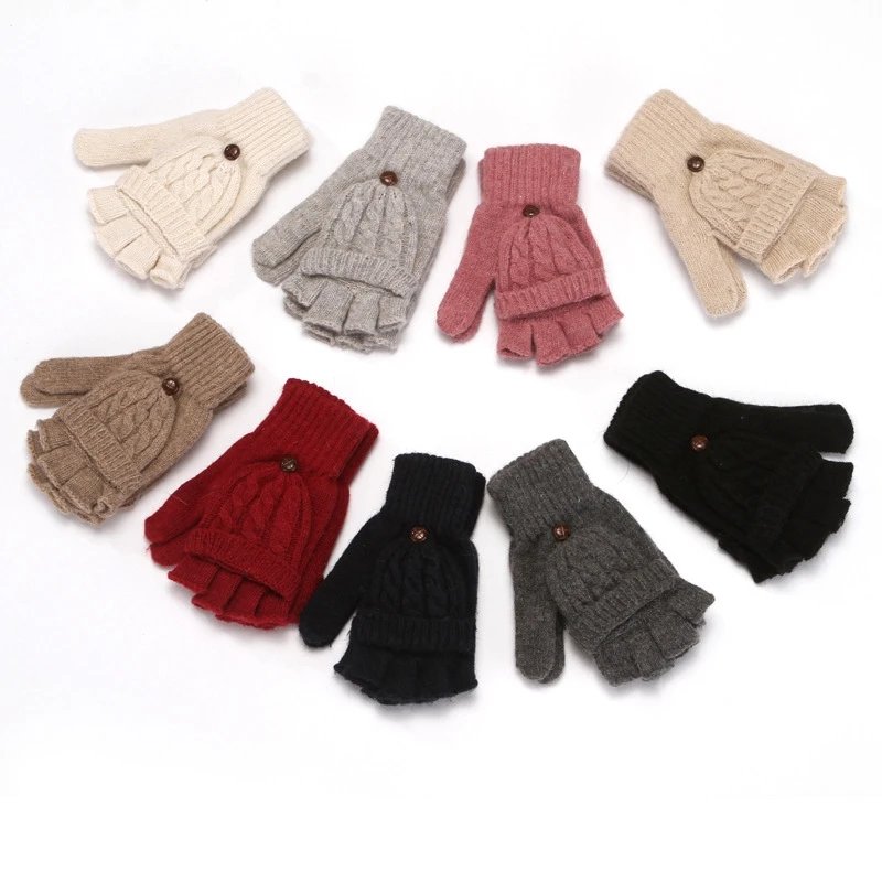 Wholesale Rabbit Hair Hand Sets Ladies Lovely Double Winter Wool All Finger Warm Velvet Thickened Knitted Mittens