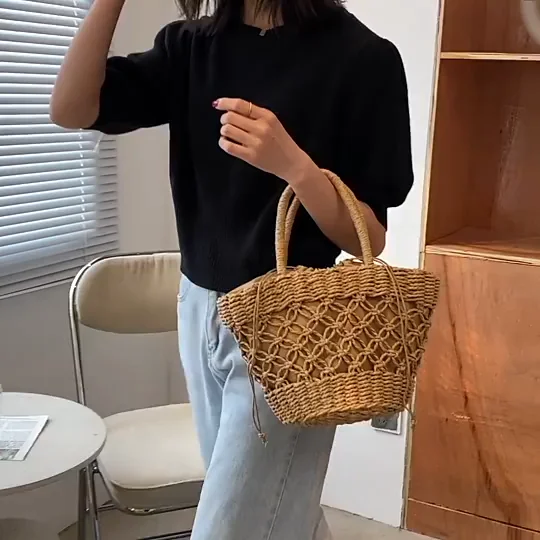 BM9810 Hollow Out Hand-woven Mesh Female String Bag Retro Straw Basket Handbag Women Vacation Beach Bags Hemp Rope Knitting Tote