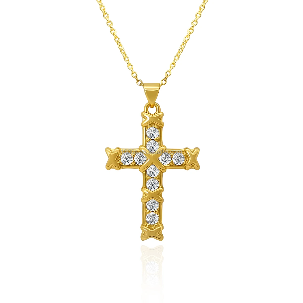Factory 18K Gold Plated Brass with Cross Shaped Pendant with Zircon Cable O Chain Necklace Jewelry For Women Girl Gift