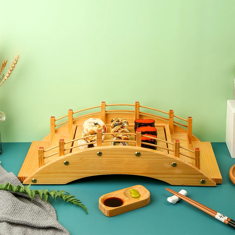 High Quality Japanese Bamboo Wooden Sushi Sashimi Serving Bridge Plate Holder Tray Fish Unbreakable