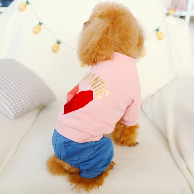 Pet dog cat Diamond heart four-legged trousers jeans Romantic logo Pet clothing simple free