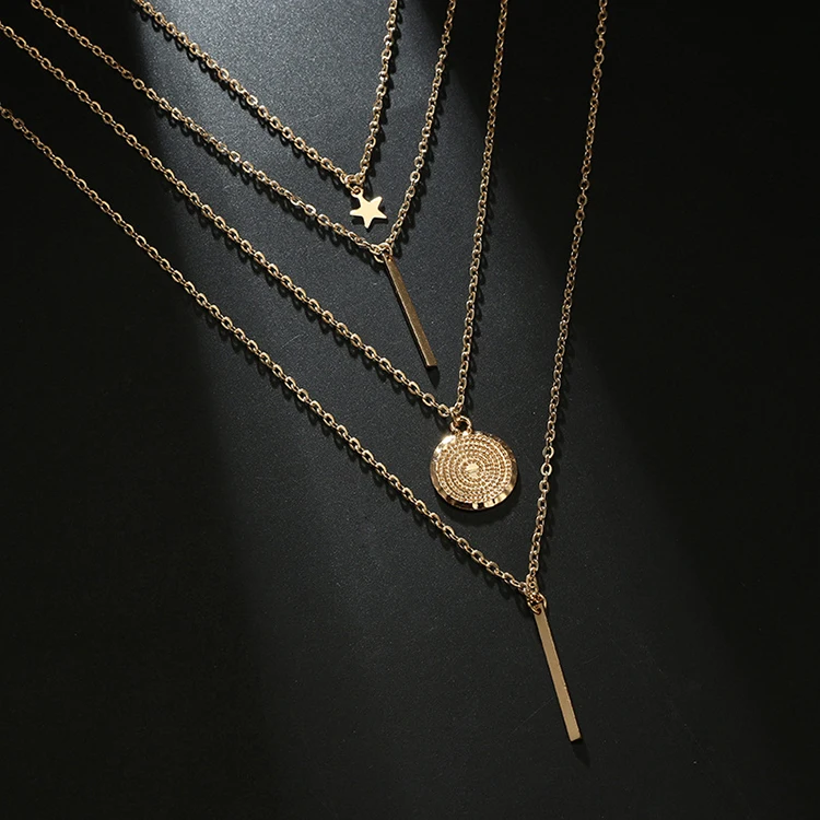Latest Fashion Beach Gold Star Coin Pendant Necklace Designs Accessories Jewelry Women Multi Layered Chain Clavicular Necklace