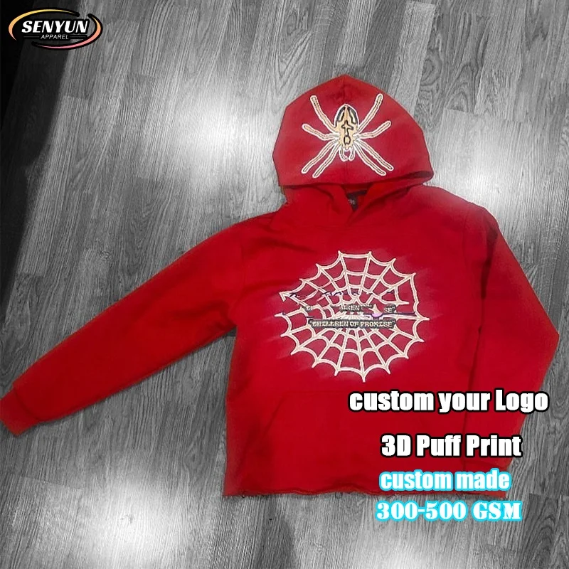 Wholesale Sublimation Cotton Pullover Embroidery Heavyweight Rhinestone Plus Size Streetwear Puff Print Spider Hoodie Custom