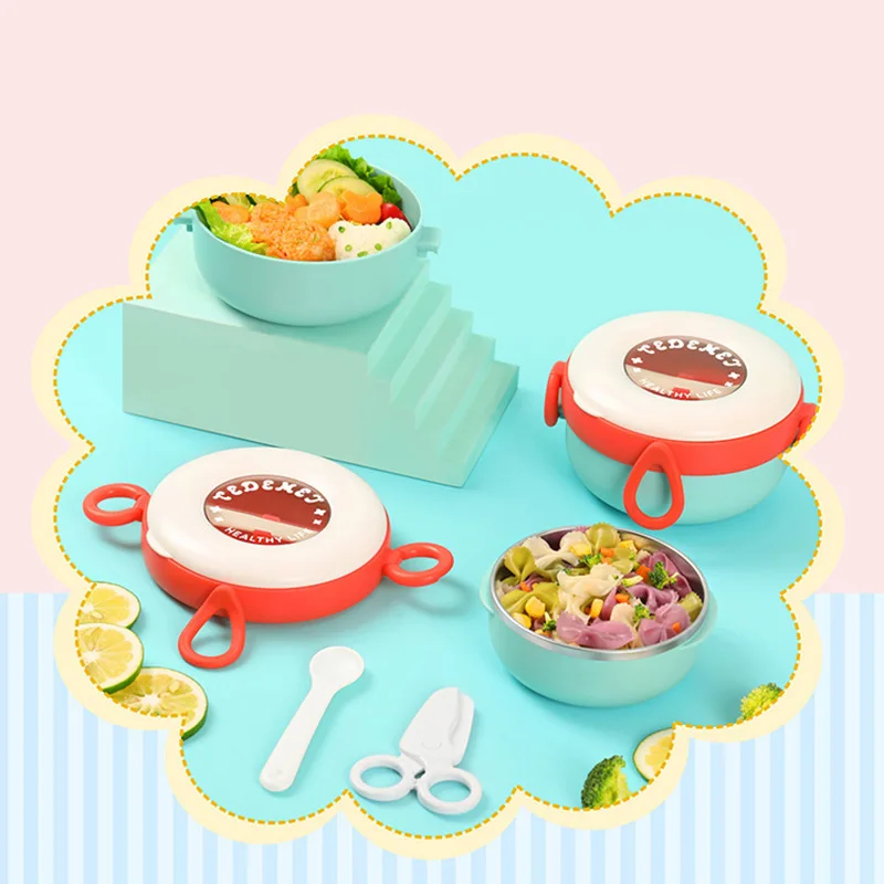 MAIMAI Baby food bowl portable stainless steel insulated lunch box cute fresh-keeping food bento box Children tableware set