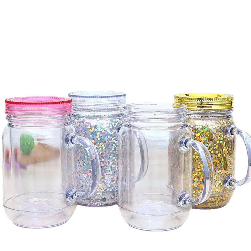 Big Capacity BPA Free Plastic Double Wall Mason Jar With Lid and Straw