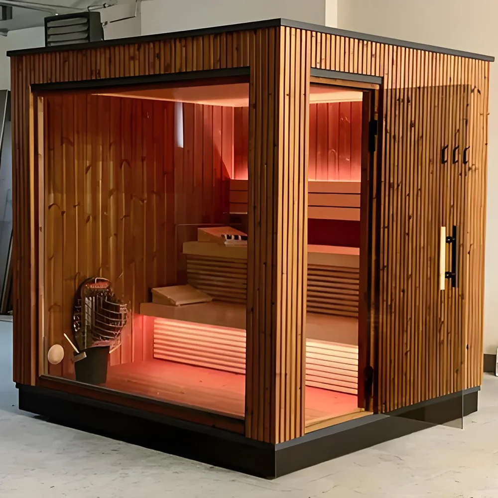 Wood Sauna Square Room Outdoor Traditional Steam Sauna For 4 People Garden Custom Hot Panoramic Solid Wood Sauna