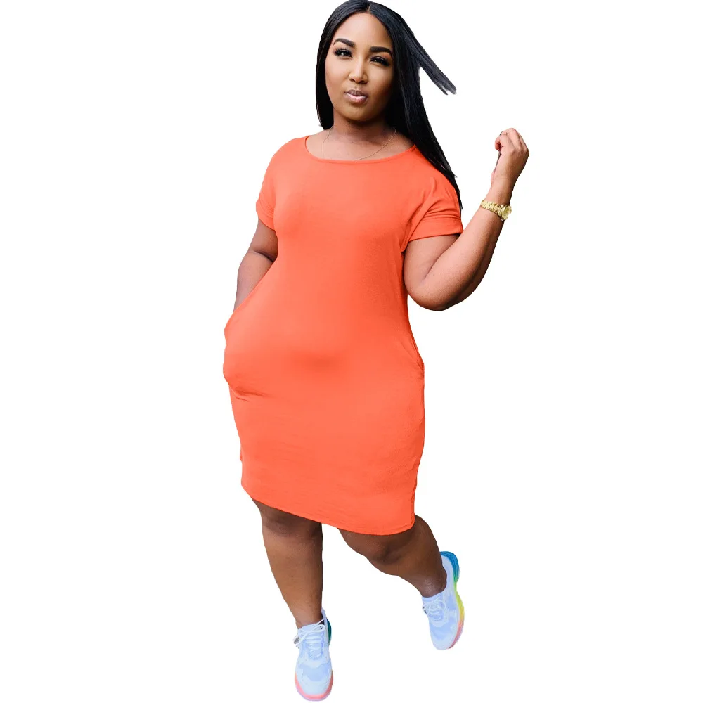 Solid Crew Neck Dress Ladies T-shirt Dresses for Women Summer Casual Dresses Natural Satin OEM Service Adults with Plus Size
