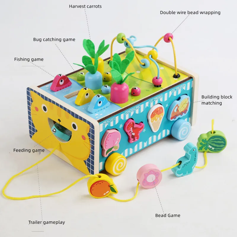 8-In-1 Wooden Montessori Toys Game Multifunctional Studying Car Wood Toy For Toddlers