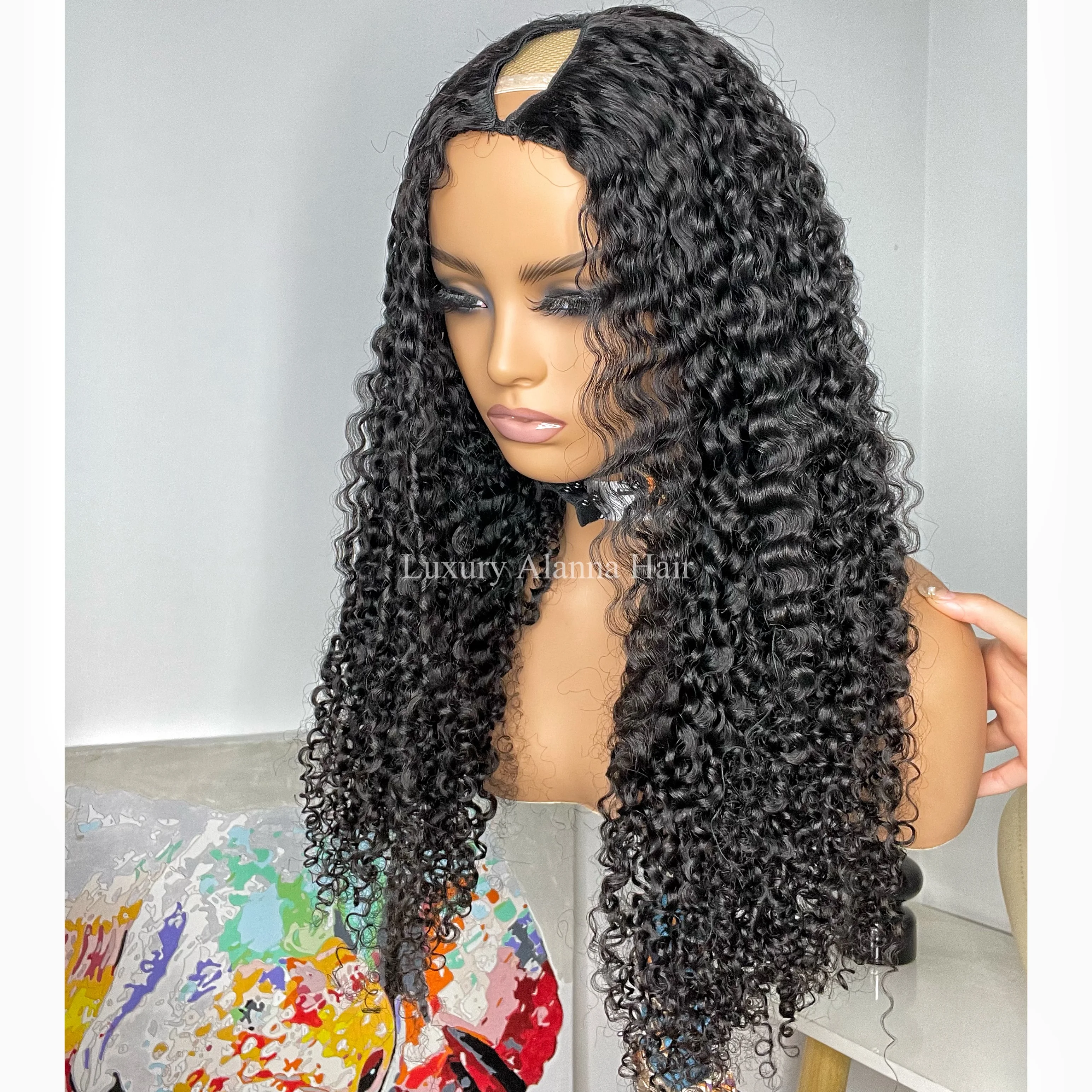 Raw Virgin Cuticle Aligned Curly Human Hair Wigs High Quality Cambodian 3b Soft Kinky Curly V Part Wig Small Medium Large Cap