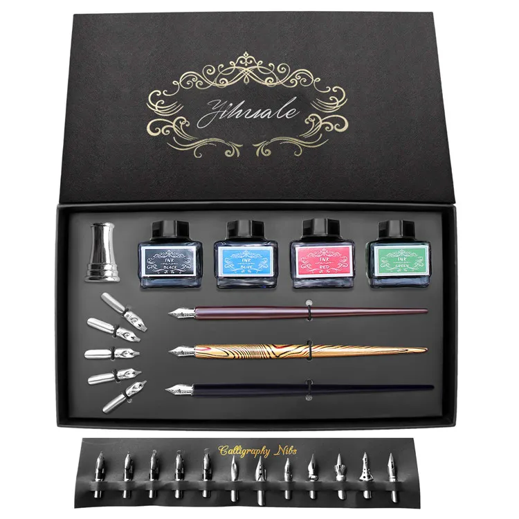 Calligraphy Pen Set - 26 Piece Kit & Case - Wood Dip Pens - 20 Nibs & 4 Ink - for Kids Adults Beginners