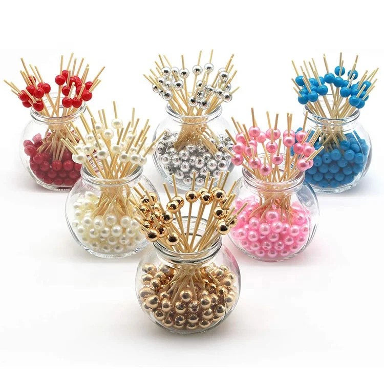 Party Food Supplies 4.7 Inch Toothpicks Bamboo Cocktail Picks Gold Pearl