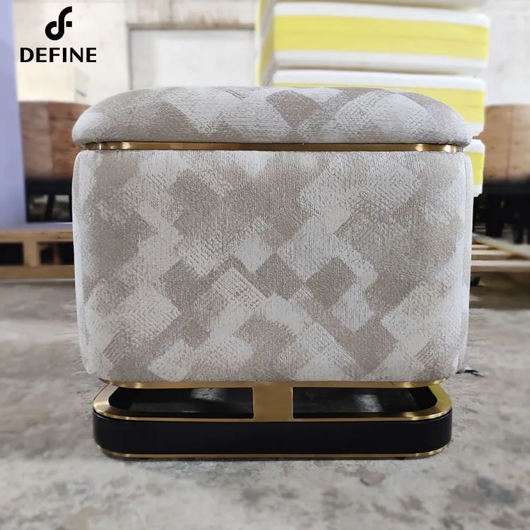 Customized Square Footstool Fabric Golden Metal Base Ottoman For Home Living Room Bedroom Furniture