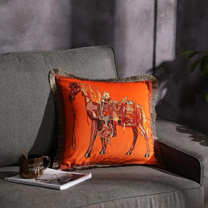 Hot selling luxury horse design velvet colorful home decor throw pillowcase cushion solid pillow cover sofa macrame pillow case