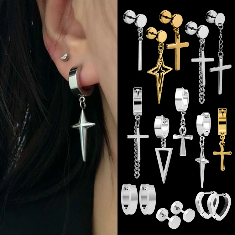European Hot Selling Hip Hop Jewelry Wholesale Stainless Steel Gold Plated Hollow Cross Star Cross Stud Earrings Dangle Earrings