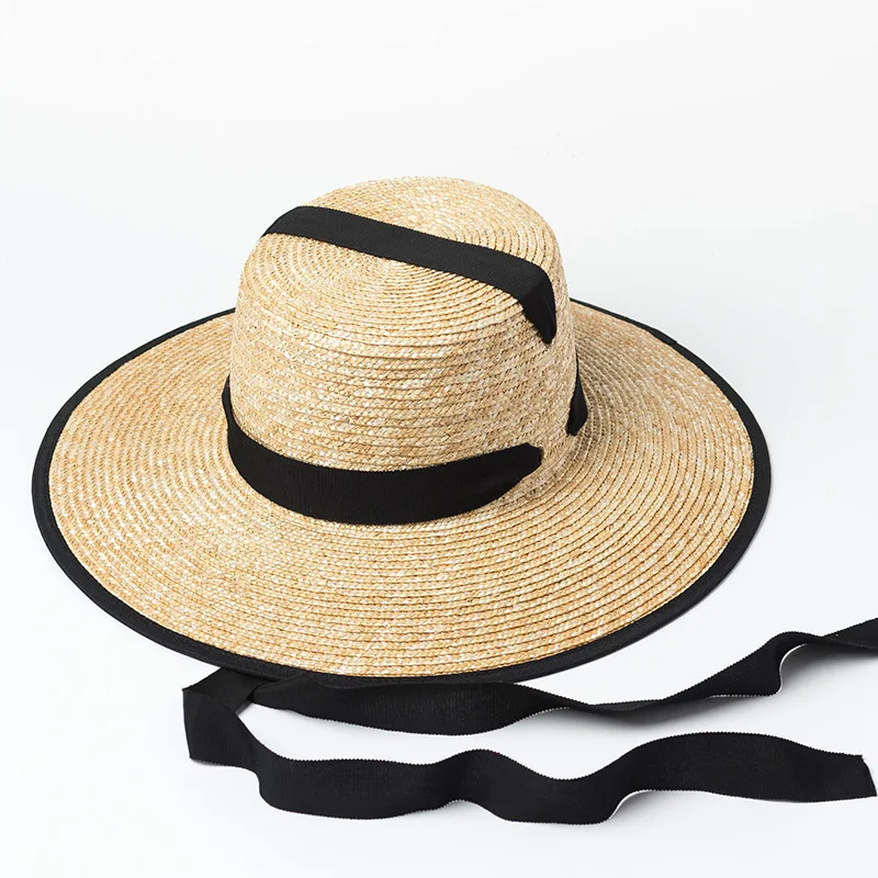 Hats women straw New style high flat top beach fedora hats for women summer straw  with binding