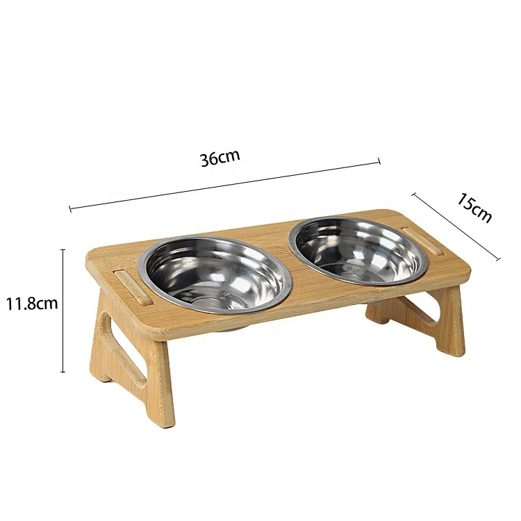 OEM custom logo adjustable height wooden stand pet dog cat dual stainless steel food water ceramic bowl