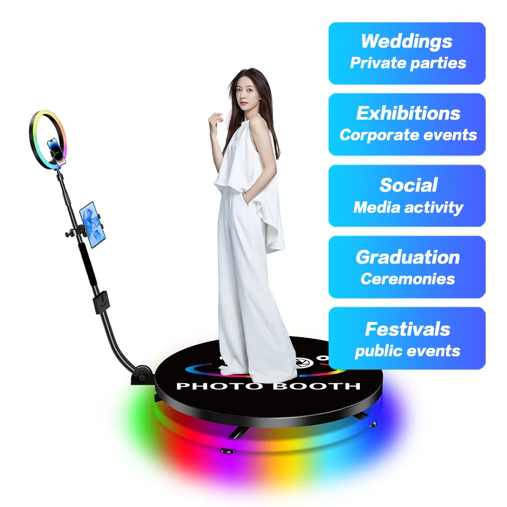OUX sharing station for glass 360 photo booth 115Cm 45 Commercial Rental photo booth 360  ratotaing automatic booth machine 2024