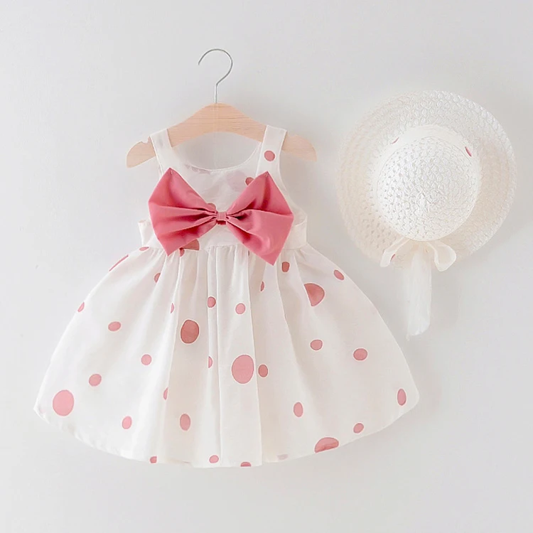 
Summer cute dot big bow sleeveless A-Line cotton infant toddlers clothing girls dresses with hat 