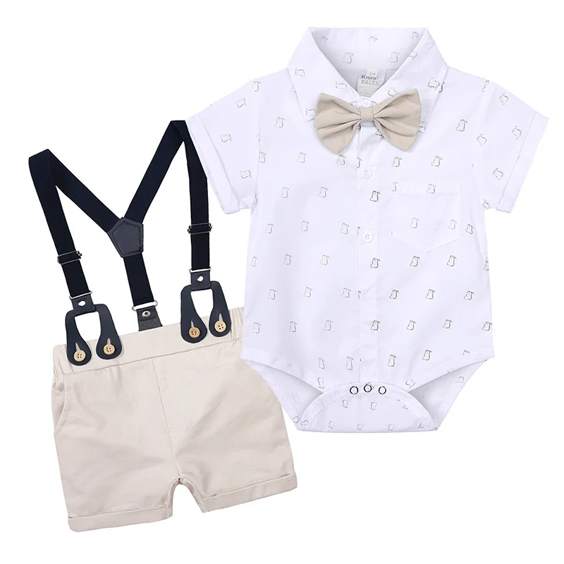 Summer Toddler Boys Gentleman Suit Infant Kids Short Sleeve Bow Tie Shirt+Suspender Shorts Casual Baby Boy Clothes Outfits