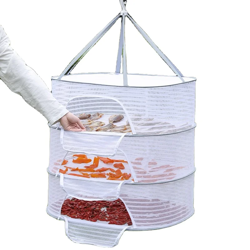 Multi-layer Foldable Mesh Sundrying Basket with Zipper White Multifunction Hanging Dryer  Net for Fish Vegetables Fruits Clothes
