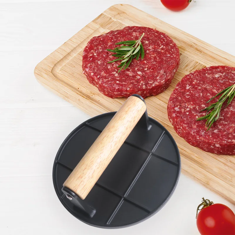 Hot Selling Kitchen BBQ Tool Non Stick Aluminum Alloy Hand Meat Burger Press with Wooden Handle for Home Kitchen BBQ