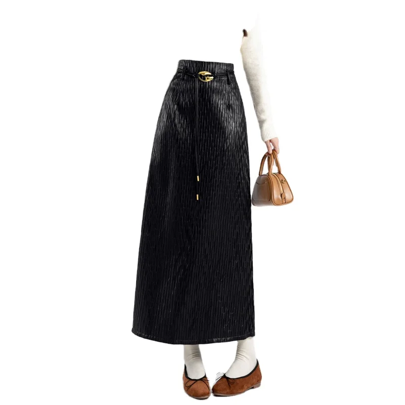 Black Half length Skirt for Women 2024 Autumn New Product: Lace up Bag Hip Skirt for Women MLF8802052