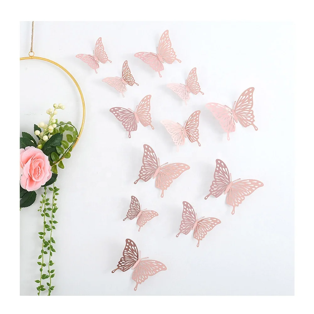 High Quality Bright Decor 12pcs Set Decoration Shiny Rose Gold Golden Silver 3D Hollow Butterfly Wall Stickers