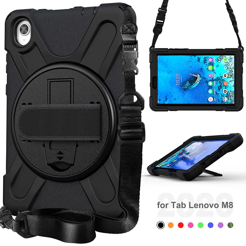 Thick rugged silicone shockproof tablet cover with hands strap shoulder strap rotate kickstand for Lenovo M8 TB-8705F