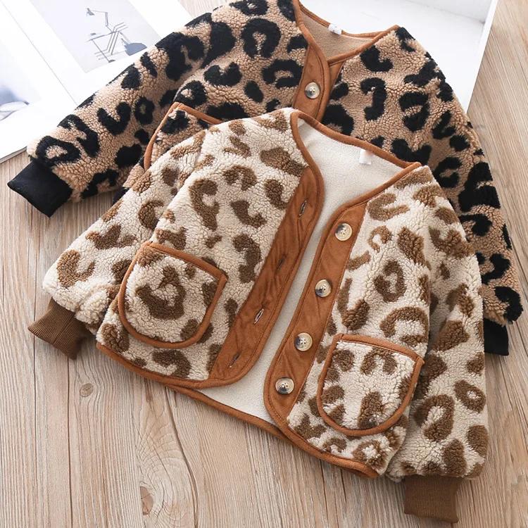 Leopard Warm Winter Lamb Velvet Jacket Boys Girls Padded Casual Mandarin Collar Solid Longsleeve Woolen Children Coat