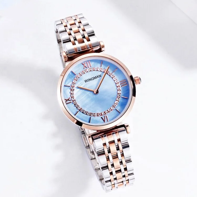 Custom Made Rose Gold PVD Plating SW Diamond Mother of Pearl Watch Dial Quartz Elegant Solid Steel Polish Bracelet Watches