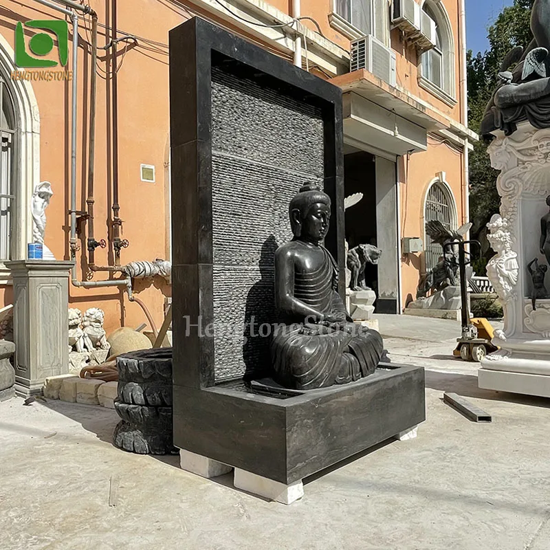 Custom Black Marble Hand Carved Outdoor Garden Decoration Religious Bodhisattva Stone Water Wall Fountain