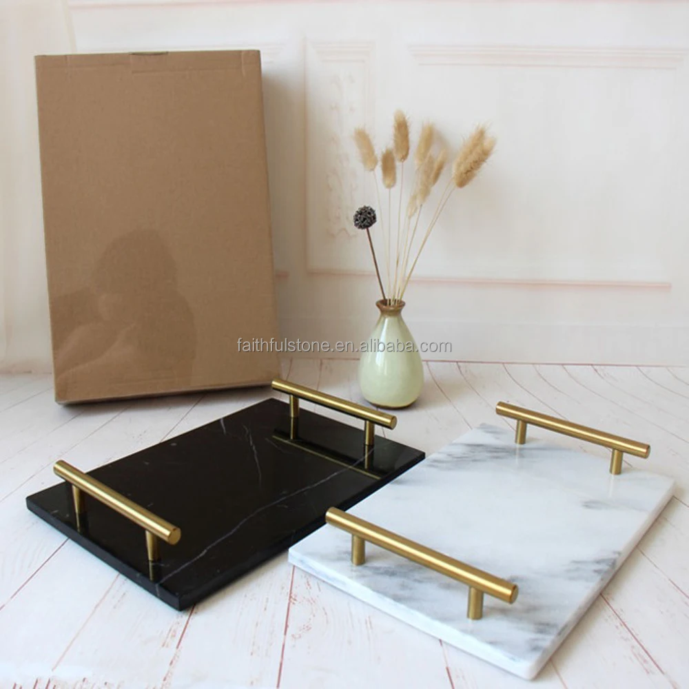 wholesale modern luxury decorative rectangle 20x30cm white black green grey marble serving trays with gold handles