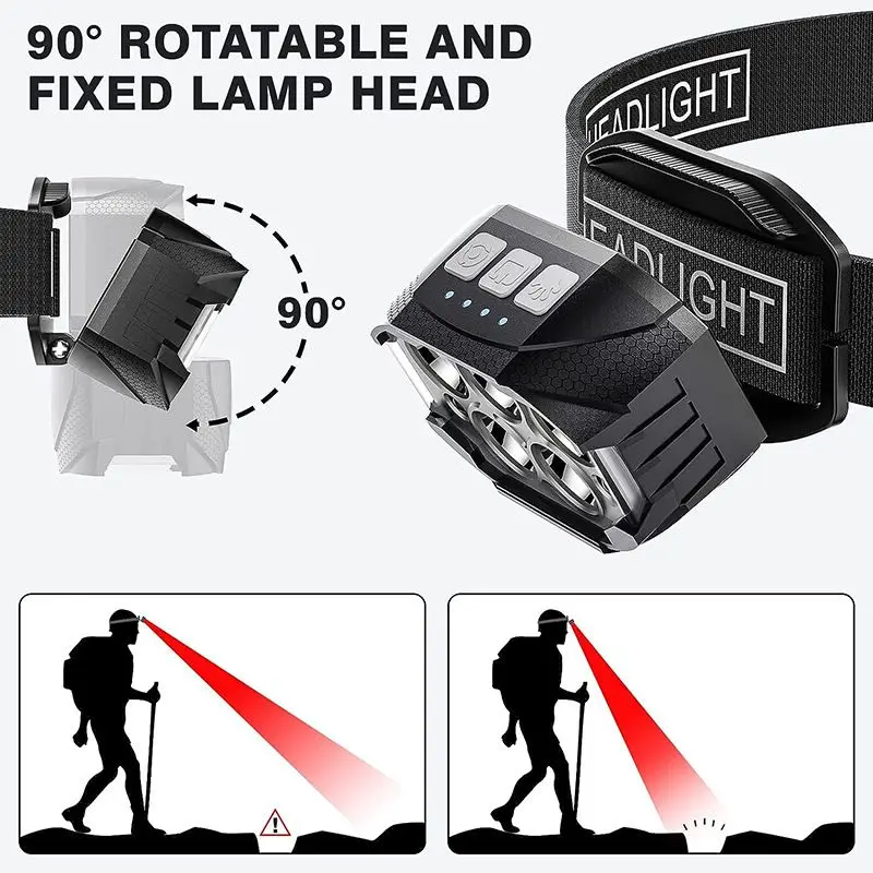 High Power LED Head Torch 1200 Lumen White Red Light Colors IP65 Waterproof Rechargeable Sensor Headlamps for Camping Hiking