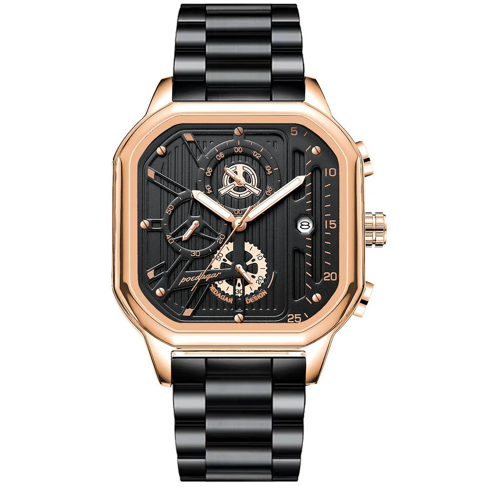 Fashion Square Date Calendar Multifunctional Montre Waterproof Chronograph Stainless Steel Quartz Men Watch