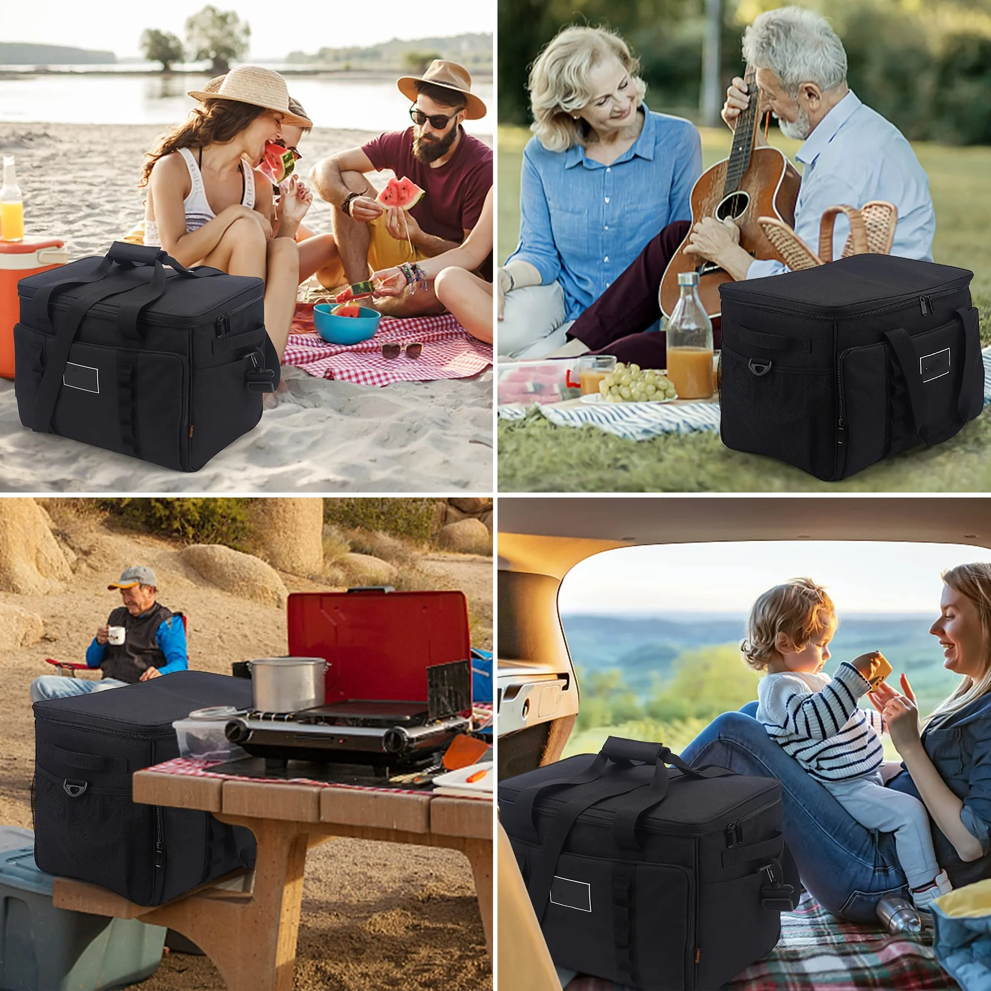 Custom Black Zipper Large Capacity Cooler Insulated Lunch Box Bag with Shoulder Strap For Women Men Adult